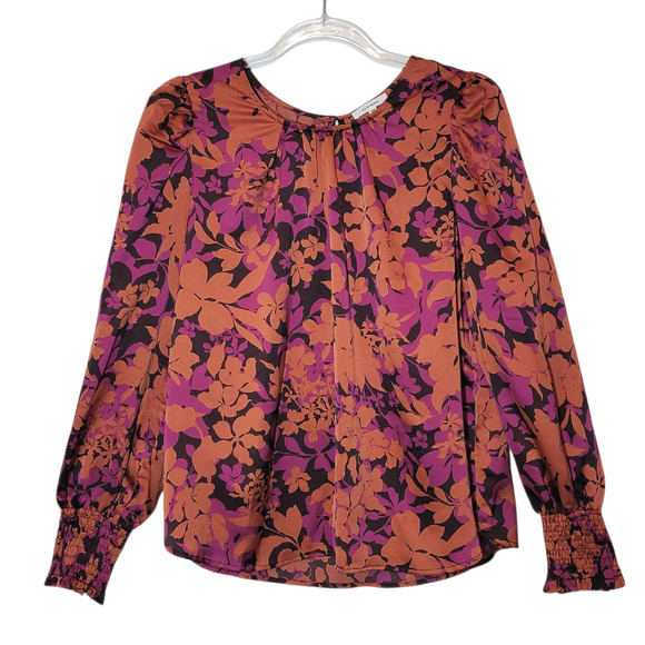 Pleione Floral Silky Blouse Scoop Neck Long Sleeve Purple Orange Black Top Large - Picture 13 of 13